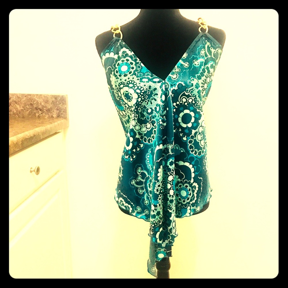 Teal/Blue Halter Top w/ Gold- Linked Straps